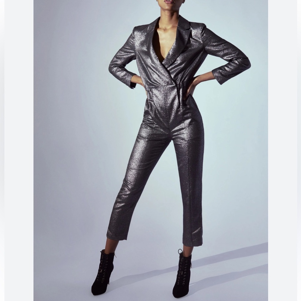 Joie Chayne Notch Collar Cropped Surplice Jumpsuit, Silver Foil, Size Small
